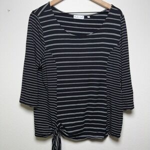 Habitat Women Top Large Black White Striped 3/4 Sleeve Side‎ Tie Hem Lagenlook